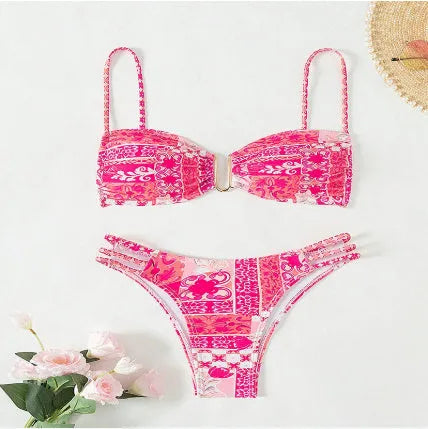 Women's floral high-waist bikini swimsuit in orange, blue, and rose red colours