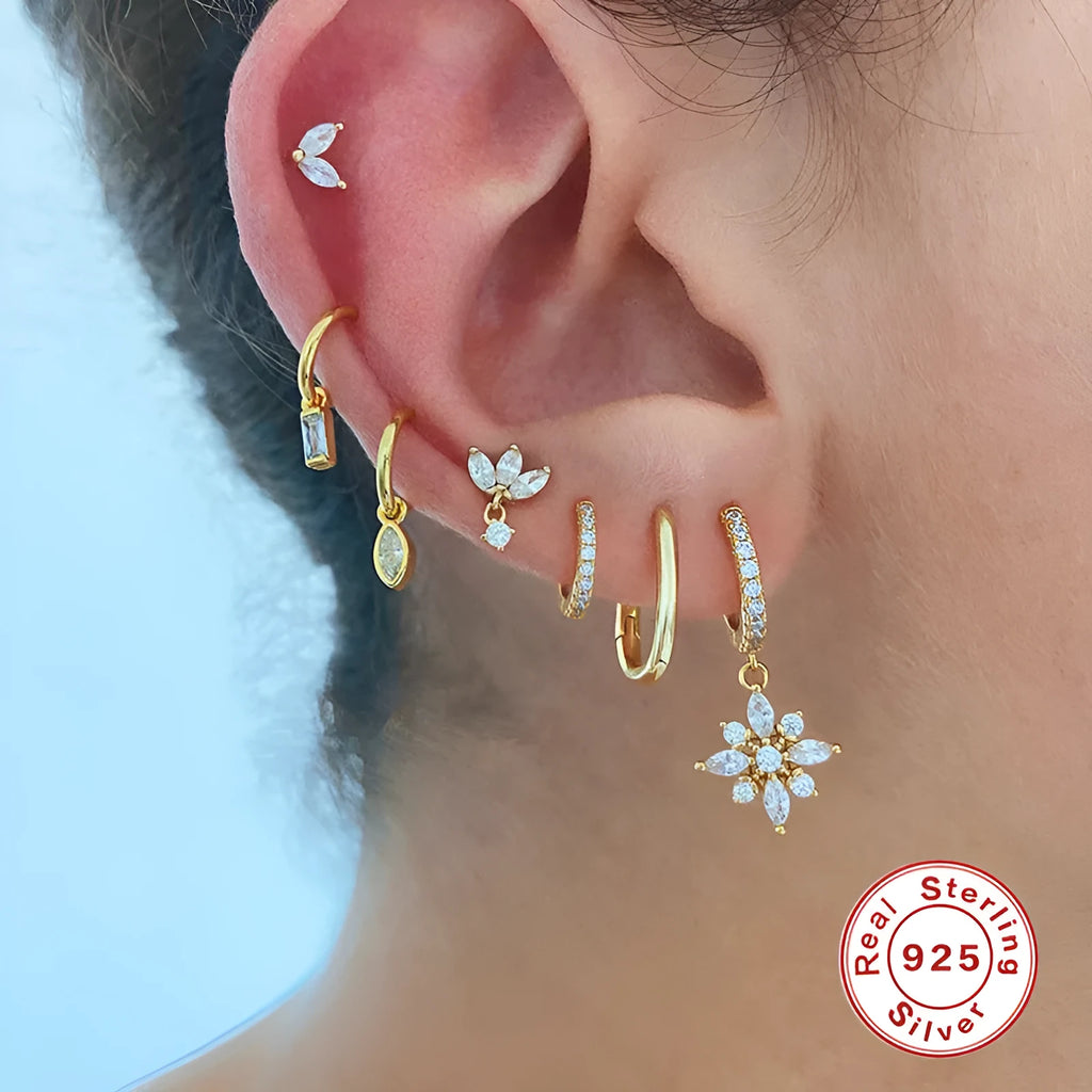 S925 sterling silver diamond snowflake pendant earrings in white gold or yellow gold colour