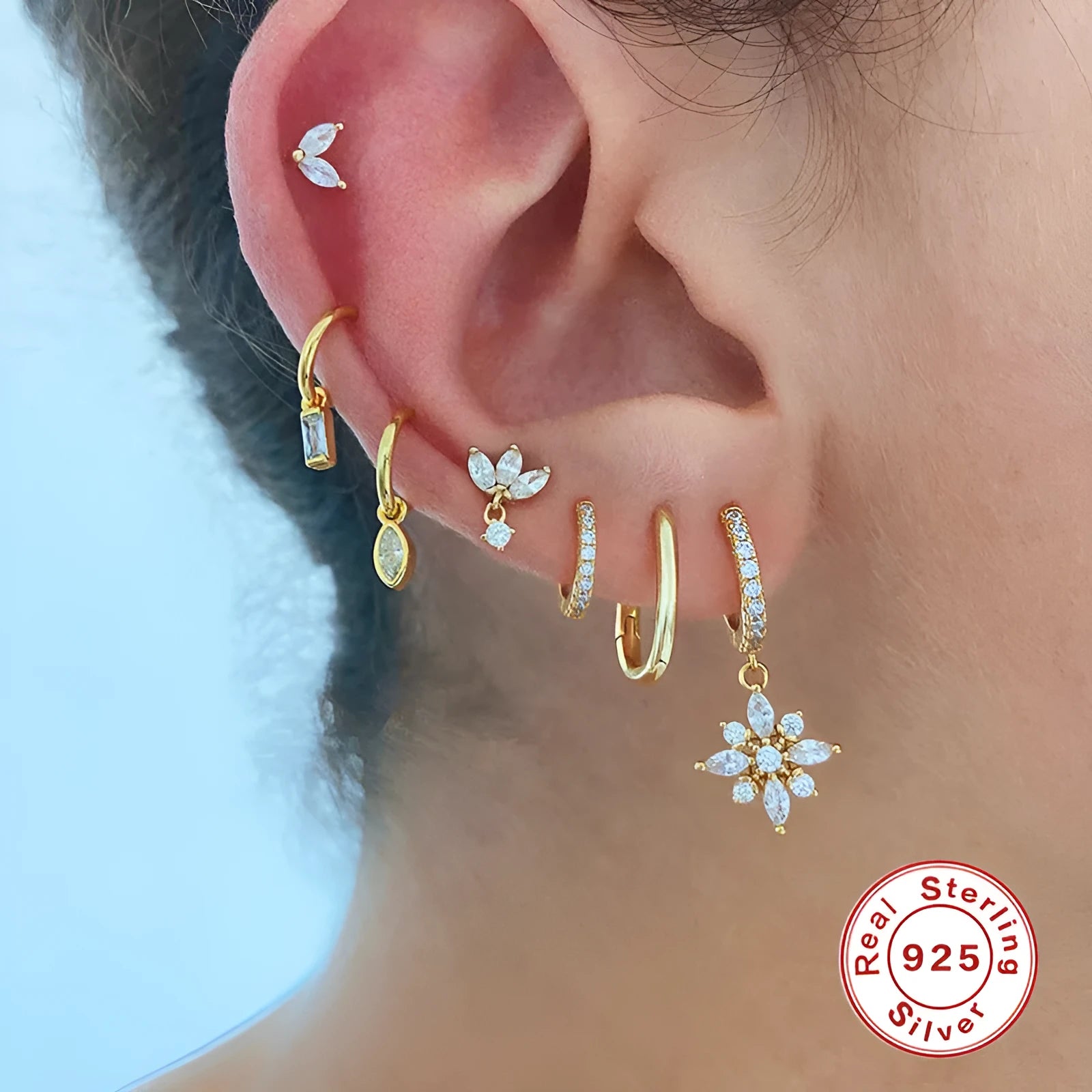 S925 sterling silver diamond snowflake pendant earrings in white gold or yellow gold colour