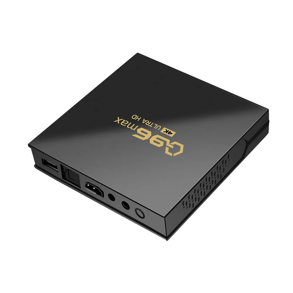 Q96 Max S905 Android TV box with 4K set-top box, remote control, and HDMI cable