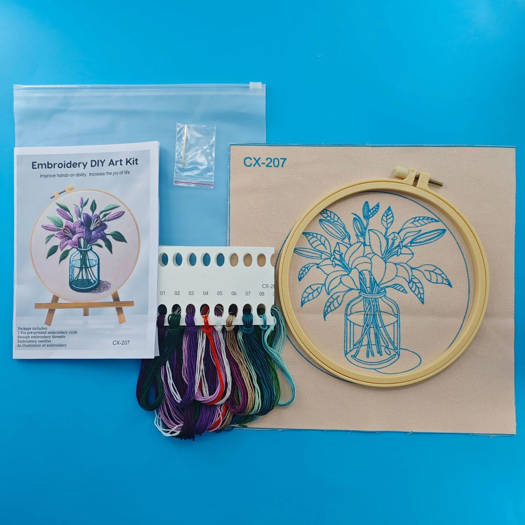 Purple lily flower embroidery on 28x28cm cotton linen fabric with imitation bamboo stand