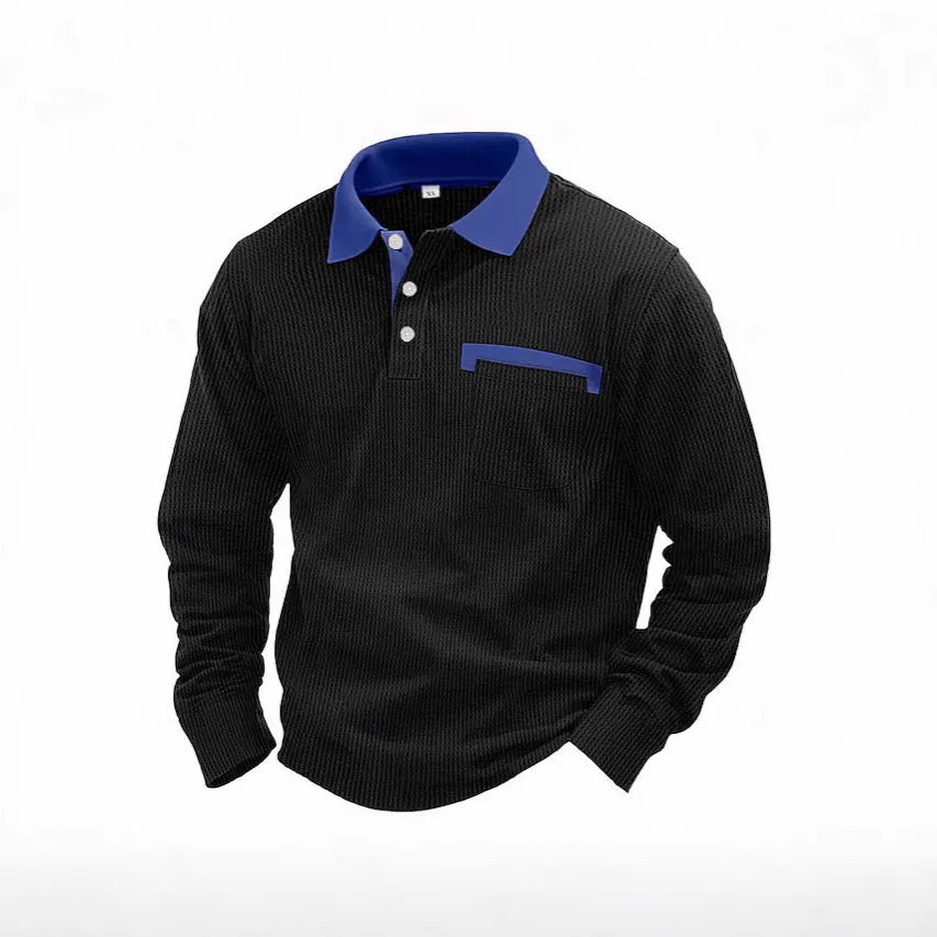 Man wearing a long-sleeved waffle texture polo shirt in a solid colour with a loose, retro fit.