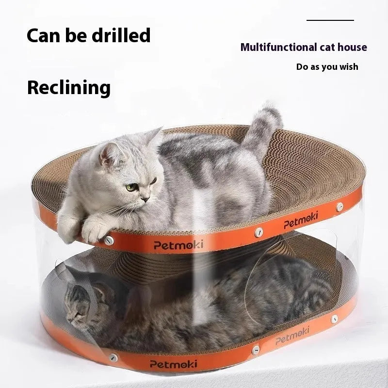 Transparent white PVC and cardboard cat scratch board with integrated tunnel cat bed