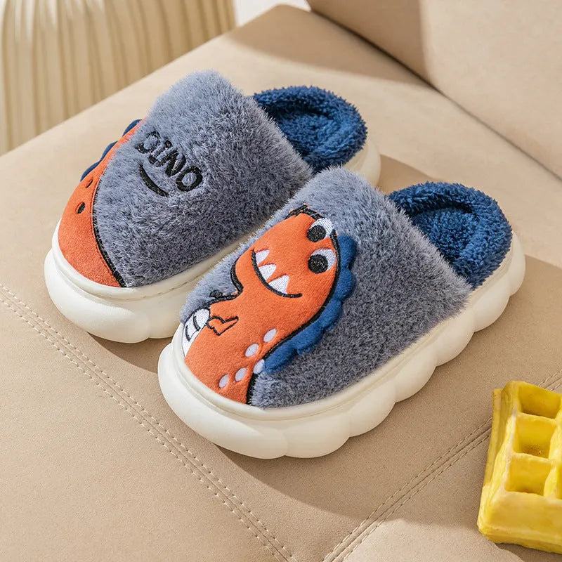Cotton plush indoor slippers with dinosaur print in three colours, extra thick padding, showing couple pair