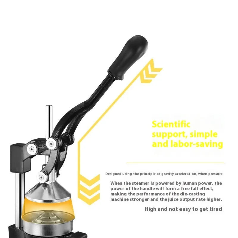 A black cast iron manual juicer with a stainless steel strainer, standing 40cm tall on a kitchen counter.