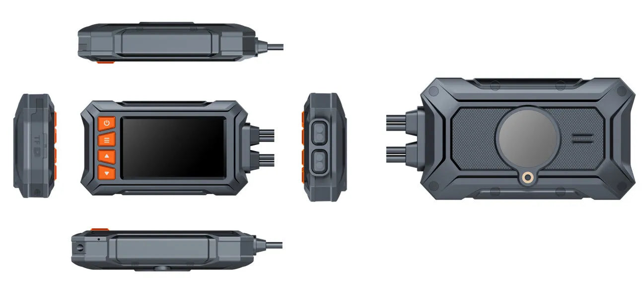 Motorcycle tachograph dash cam with 3 inch screen, dual lenses, GPS module, and handlebar wireless controller on a motorcycle handlebar.