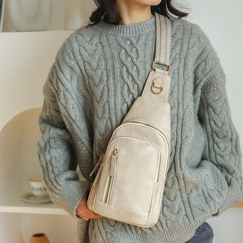 Women's soft PU leather messenger crossbody bag in street trend style with zip compartments
