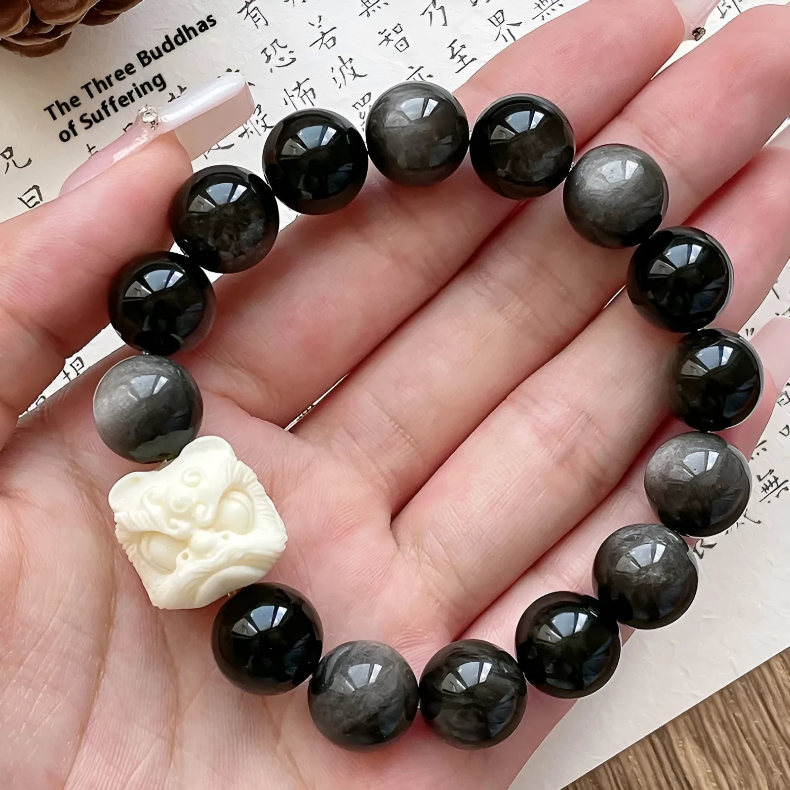Xingshi obsidian single circle prayer beads bracelet for men, 12mm chamfered square-grain beads on hand