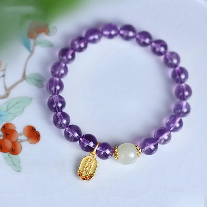 Amethyst crystal bracelet with 8mm beads in geometric national style design for women
