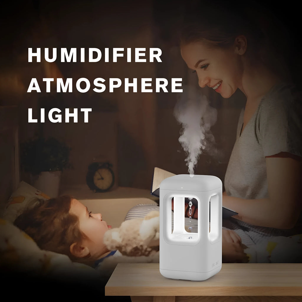 White anti-gravity water drop humidifier with ambient light on bedside table