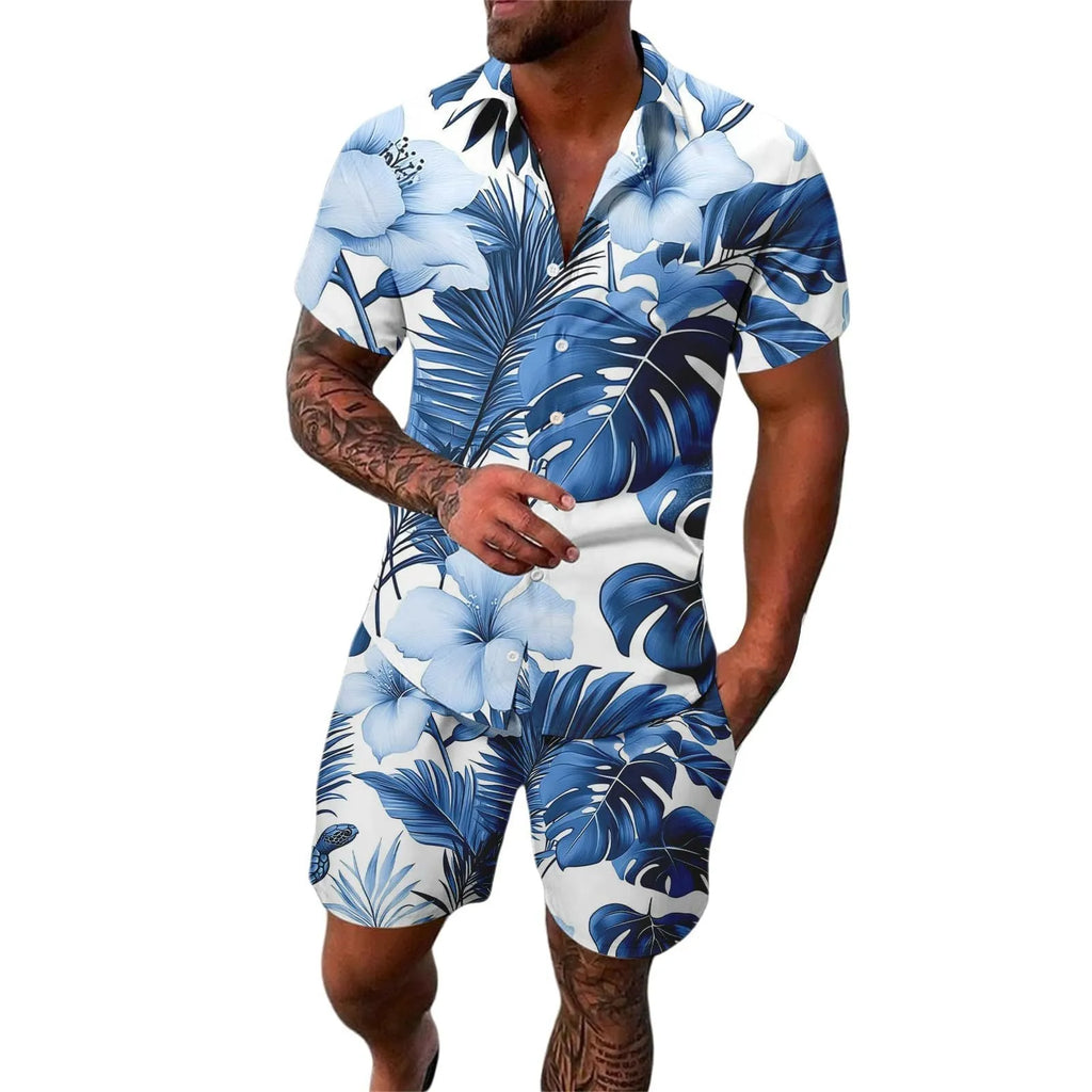 Digital printing men's casual short sleeve suit set with polyester top and trousers in multiple colours