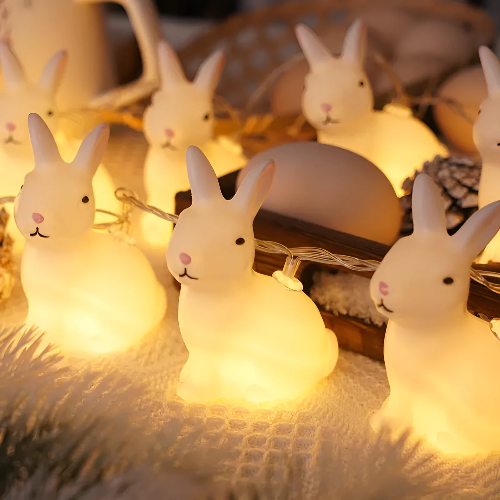 Easter plastic egg lamp string with 10 warm white LEDs, USB and battery power, manual switch