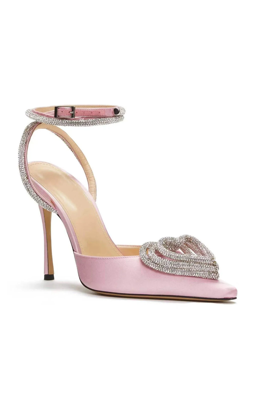 Women's pointed toe satin sandal with heart rhinestone cross strap in black pink or white