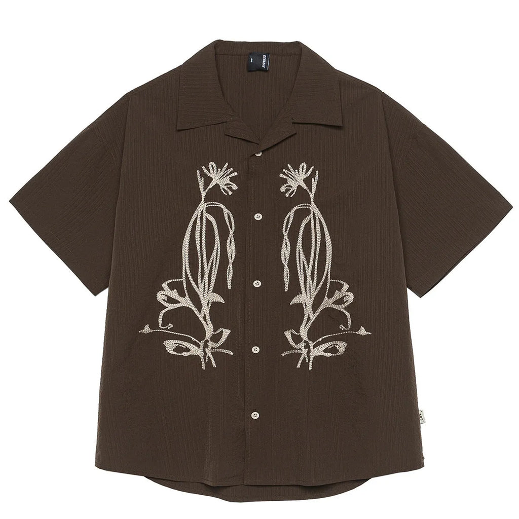 Brown coffee colour striped men's Cuban collar shirt for outdoor camping activities