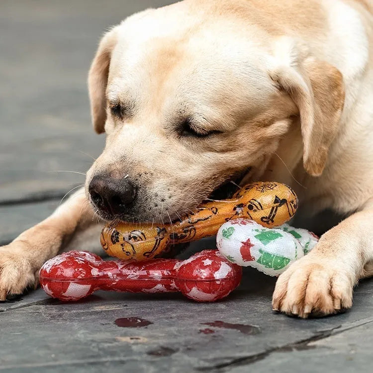 Printed bone TPR material dog chew toy with nibbling sound, in Christmas red colour, weight 110g