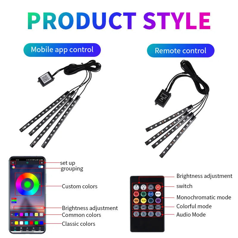 Car modification LED eight-color foot voice control rhythm atmosphere light with 36 lights USB head APP