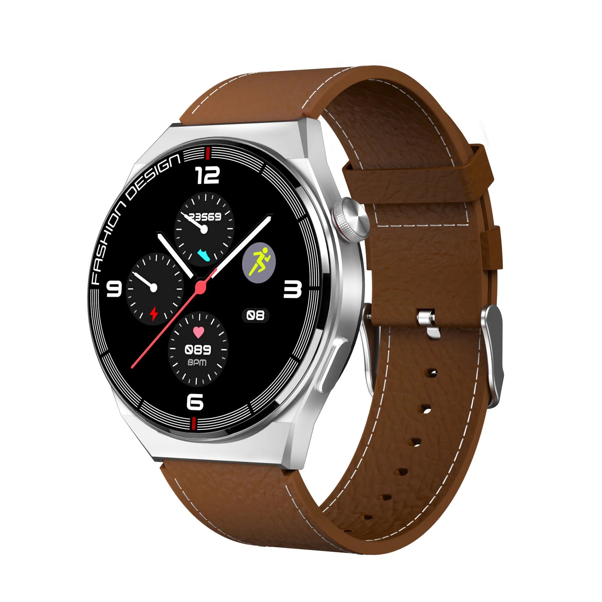 Black and silver Bluetooth NFC smartwatch with 1.28 inch glass screen and silicone strap for heart rate monitoring