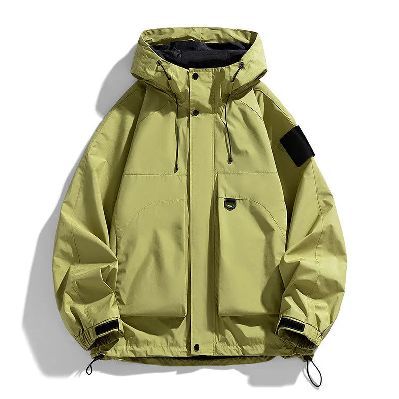 Men's black windproof waterproof hooded coat with long sleeves on a hanger.