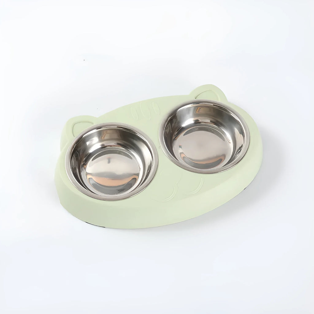 Blue plastic pet feeding tray with two built-in bowls for cat or dog food and water.