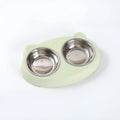 Blue plastic pet feeding tray with two built-in bowls for cat or dog food and water.