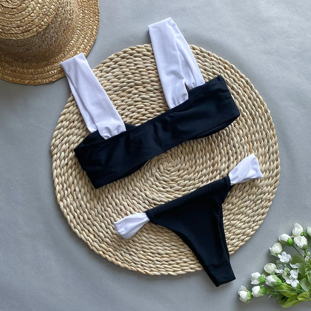 Two-piece bikini set – tube top bra and T-pants in black with nylon lining, sleeveless, Asian sizes S M L