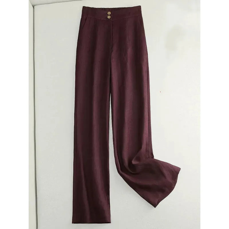 Linen wide-leg women's high waist cotton and spandex casual pants in Earth Gold colour, size M to 2XL