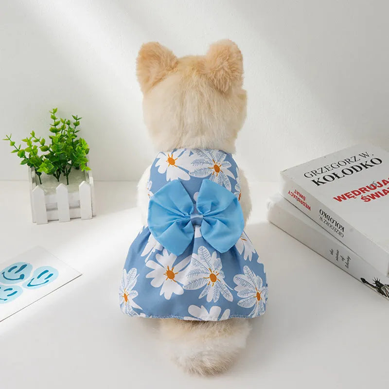 Ultra-thin polyester pet dress with floral butterfly knot design in multiple colour bow options