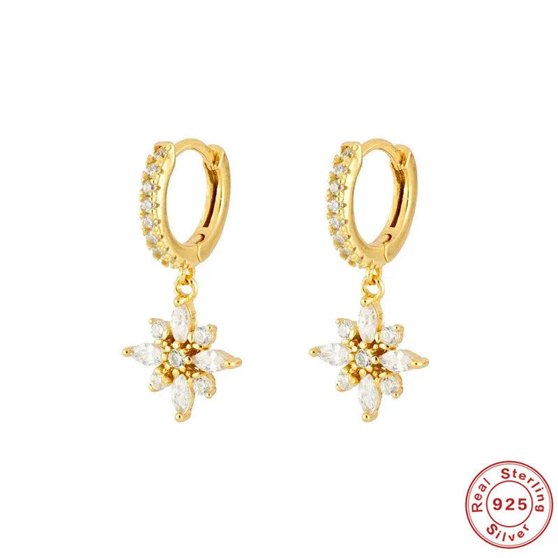 S925 sterling silver diamond snowflake pendant earrings in white gold or yellow gold colour