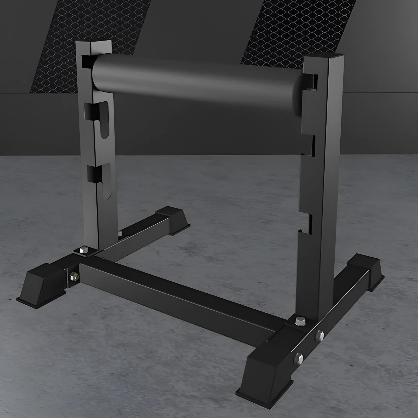Black steel leg press trainer for split leg squat balance training, Type B, on floor