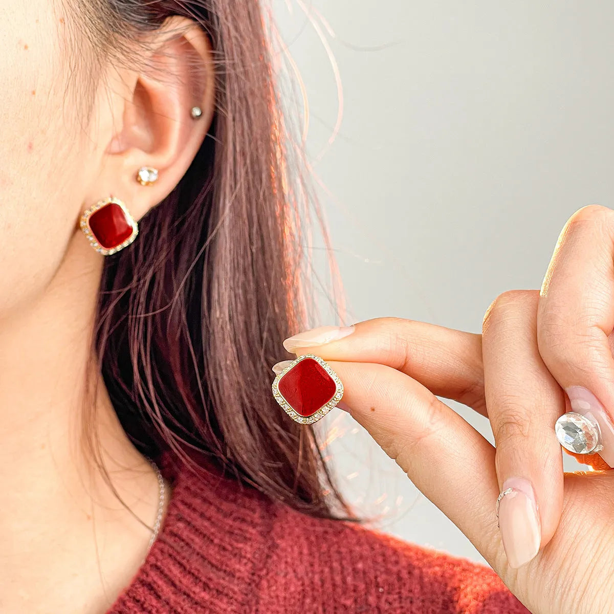 Red geometric square earrings with inlaid design, alloy construction with seiko treatment
