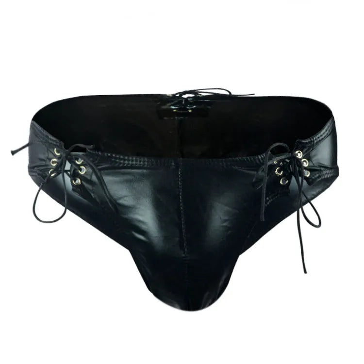 Men's black imitation leather string briefs with elasticated waistband laid flat