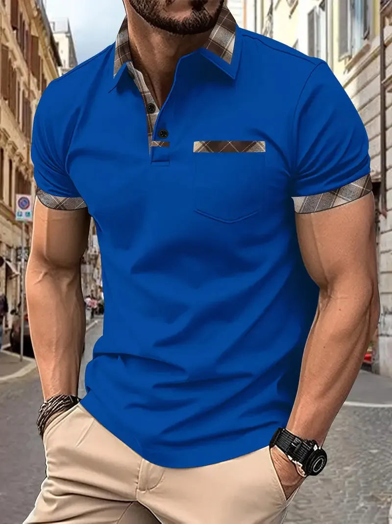 Men's plaid colourblock t-shirt with zipper decoration detail on front