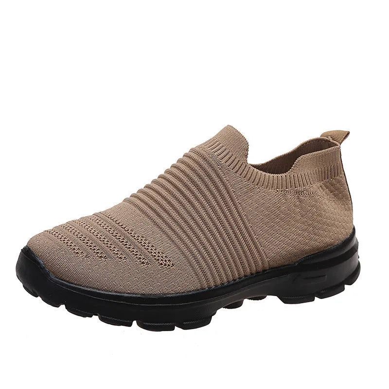 Women's knit sock shoes in beige with breathable upper, round toe, and low rubber sole