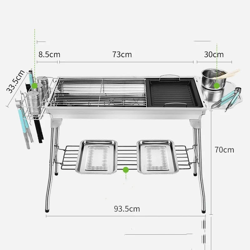 Stainless steel portable folding barbecue grill with dimensions 73cm x 33.5cm x 70cm