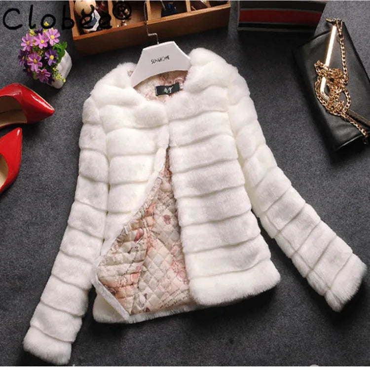 Women's short sleeve faux fur top in beige on a model, showing street fashion style.