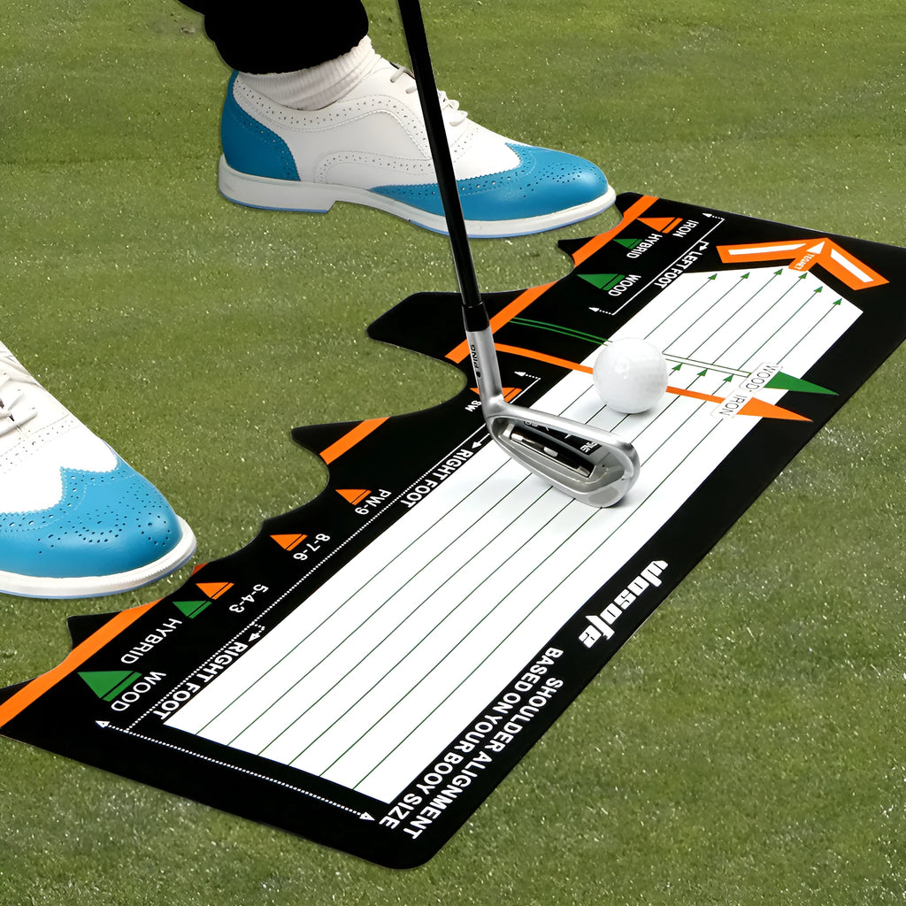 Black neoprene golf swing positioning pad for stance and alignment training.