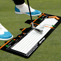 Black neoprene golf swing positioning pad for stance and alignment training.