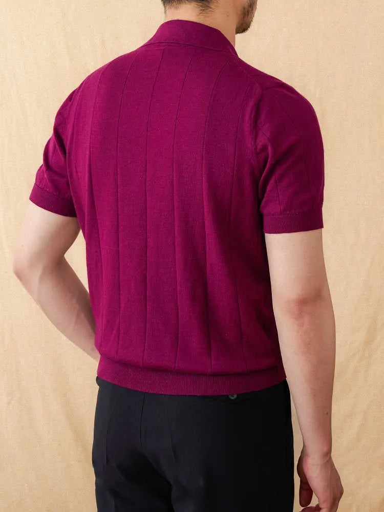 Men's purple short sleeve polo top with sunken stripe knit and a seagull collar.