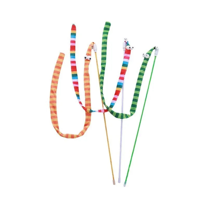 Cat wand toy with polycarbonate pole and long plush strip in rainbow colours with bell attachment