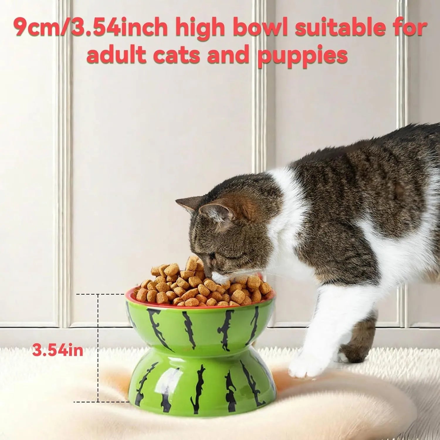 Ceramic elevated cat bowl with tilted design and decorative pattern