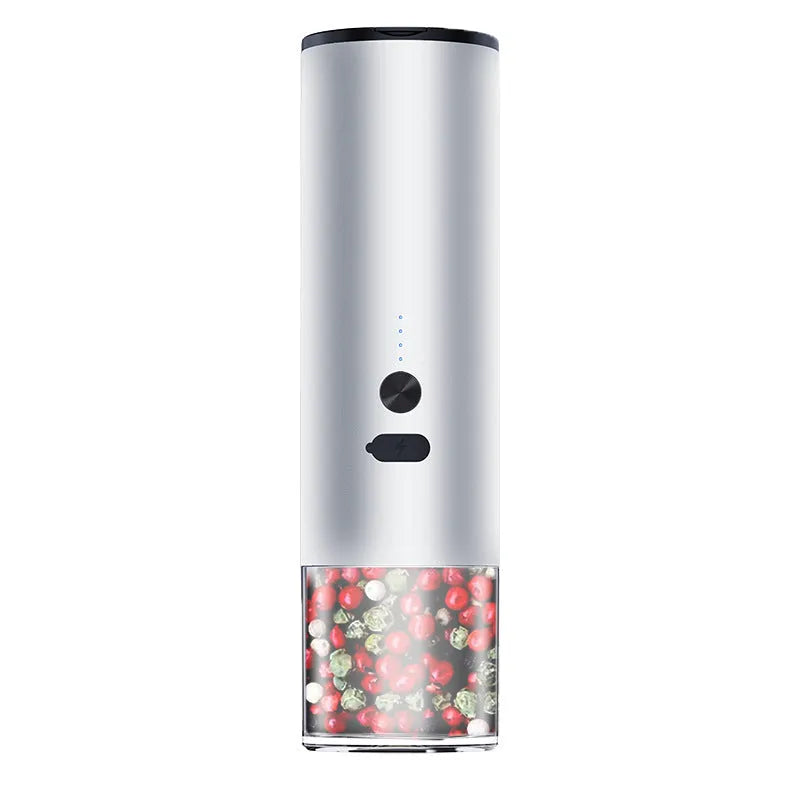 Rechargeable electric pepper and salt grinder with LED light and stainless steel top on white background