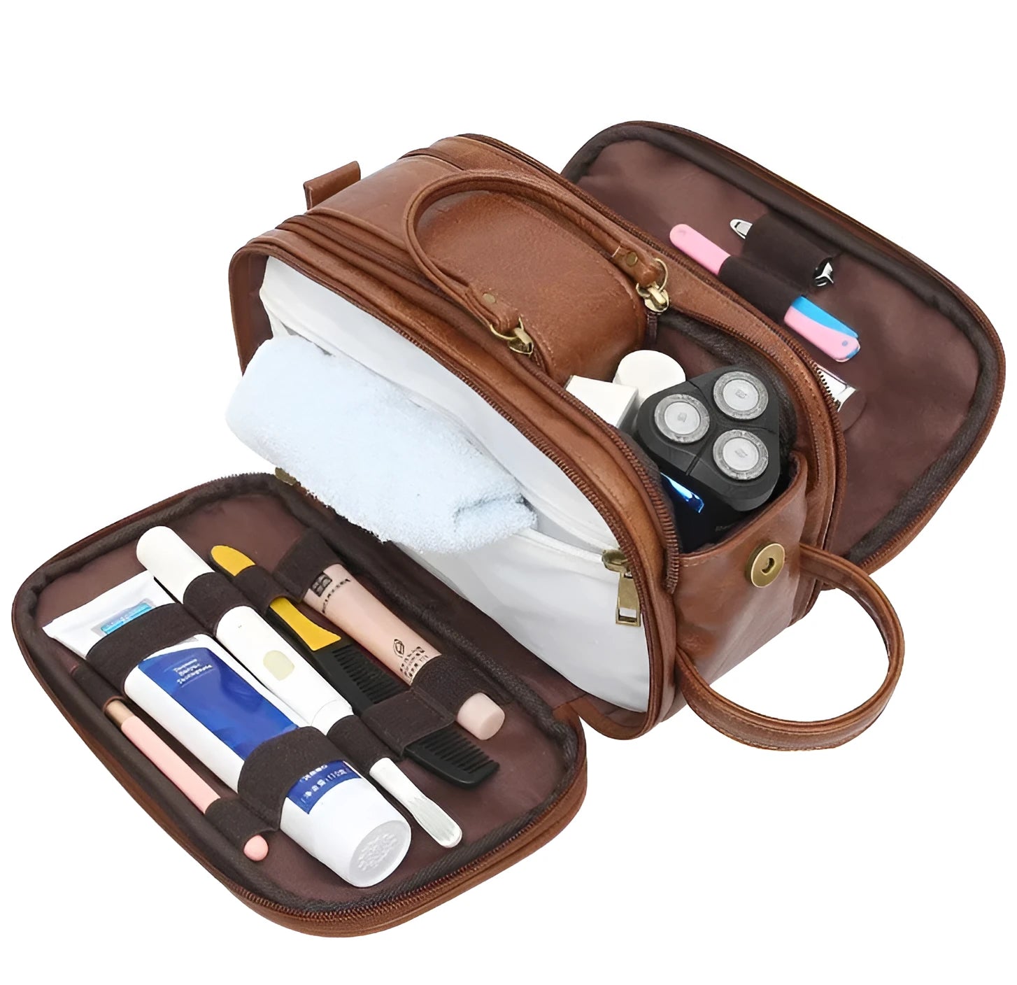 Men's black PU leather toiletry bag with zipped compartment for travel storage.
