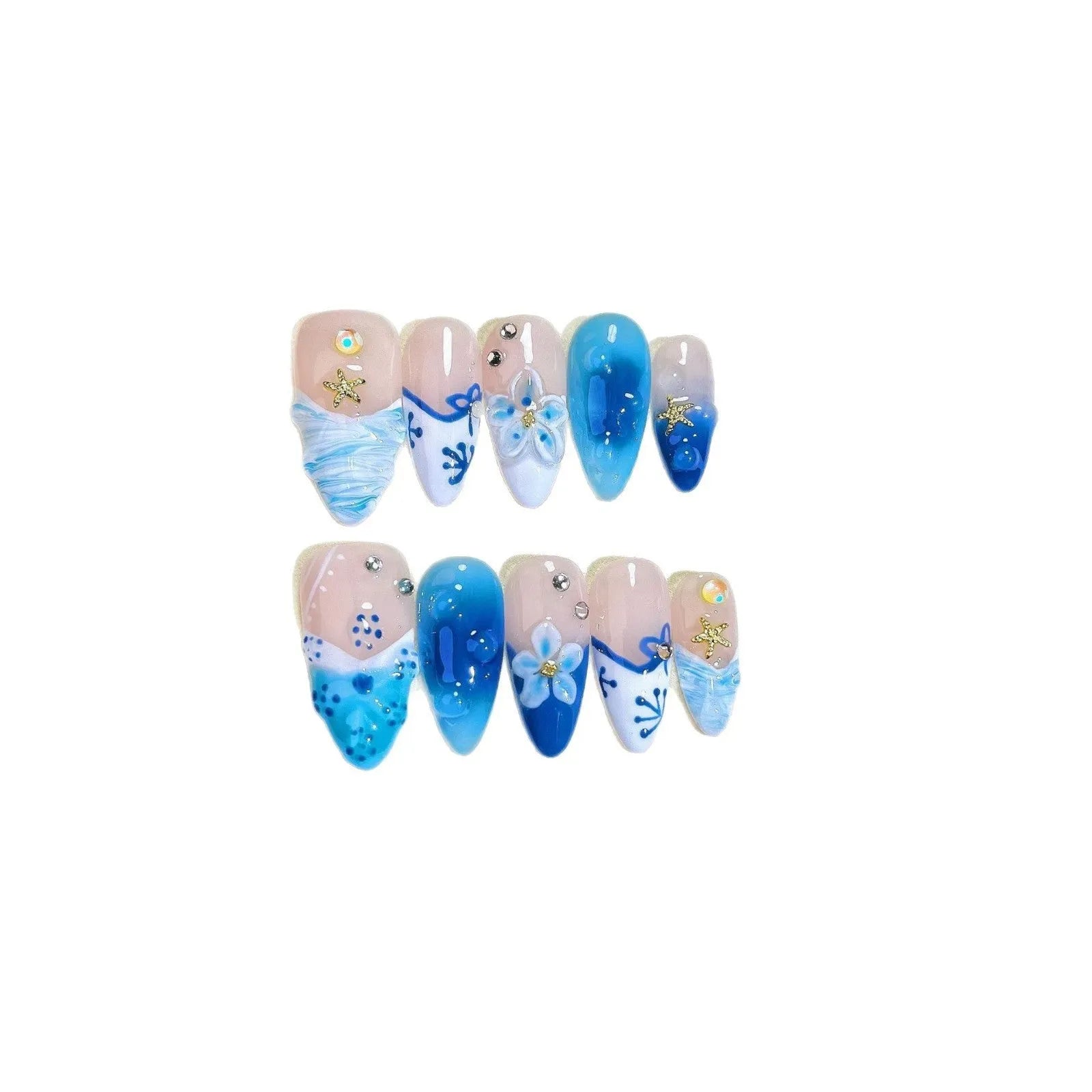 Blue hand-painted carved summer ice transparent plastic fake nails set with four size options