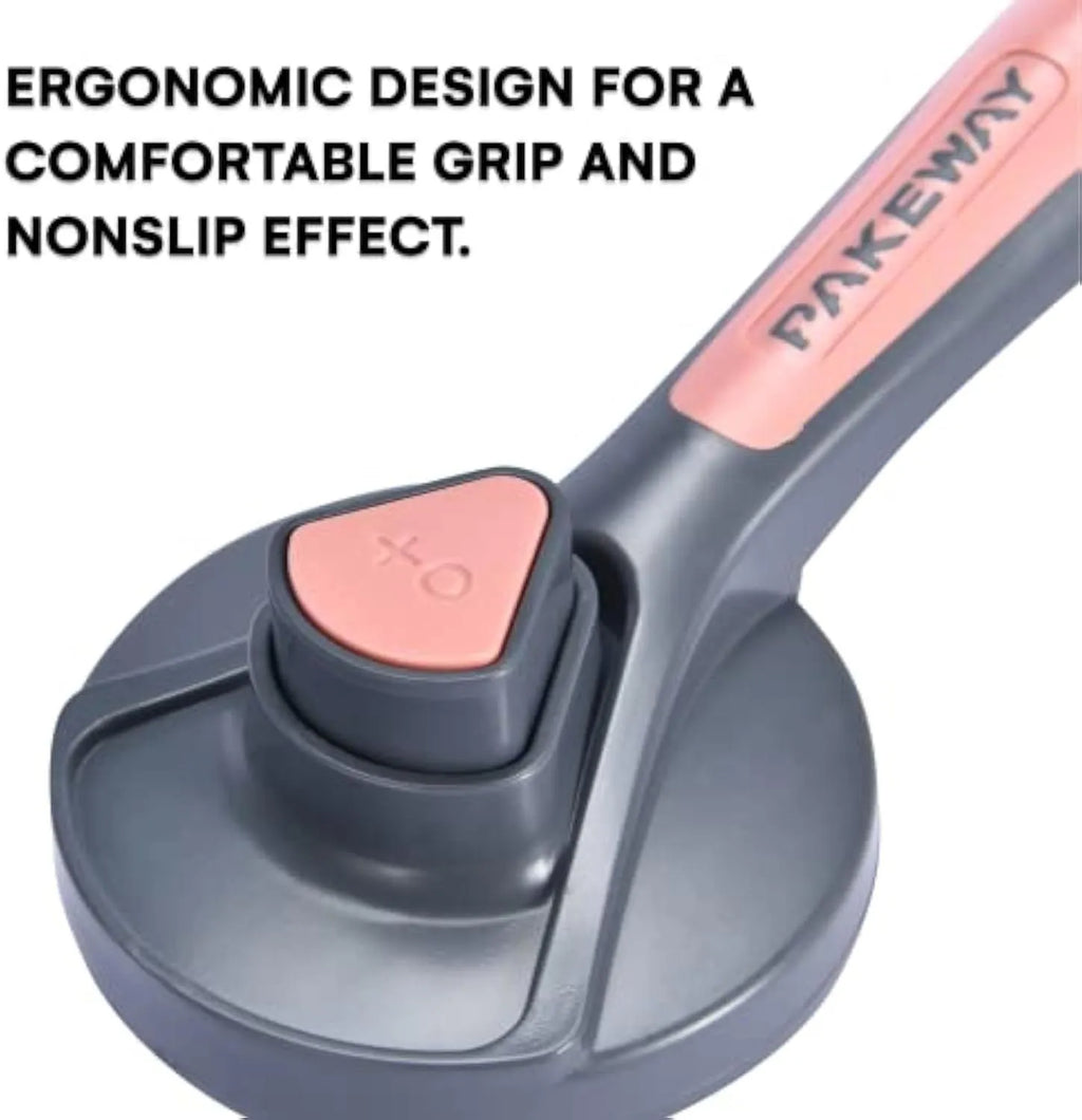 Grey self-cleaning slicker brush for grooming cats and dogs, showing comfort-grip handle and bristles.