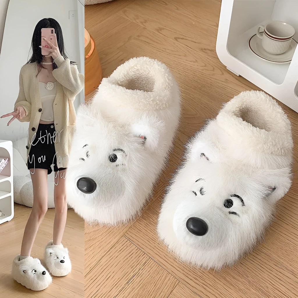 Pair of grey ankle wrap cotton slippers with plush upper and artificial wool lining on a home floor