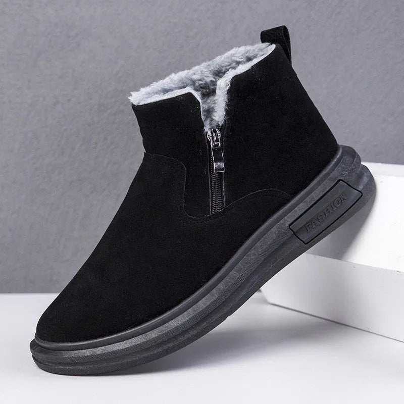 Men's fashion snow boots in black with side zipper, cotton upper, and flat wedge heel