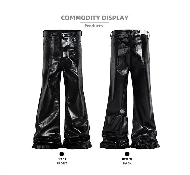Black shiny patent leather straight-leg skinny jeans on a hanger