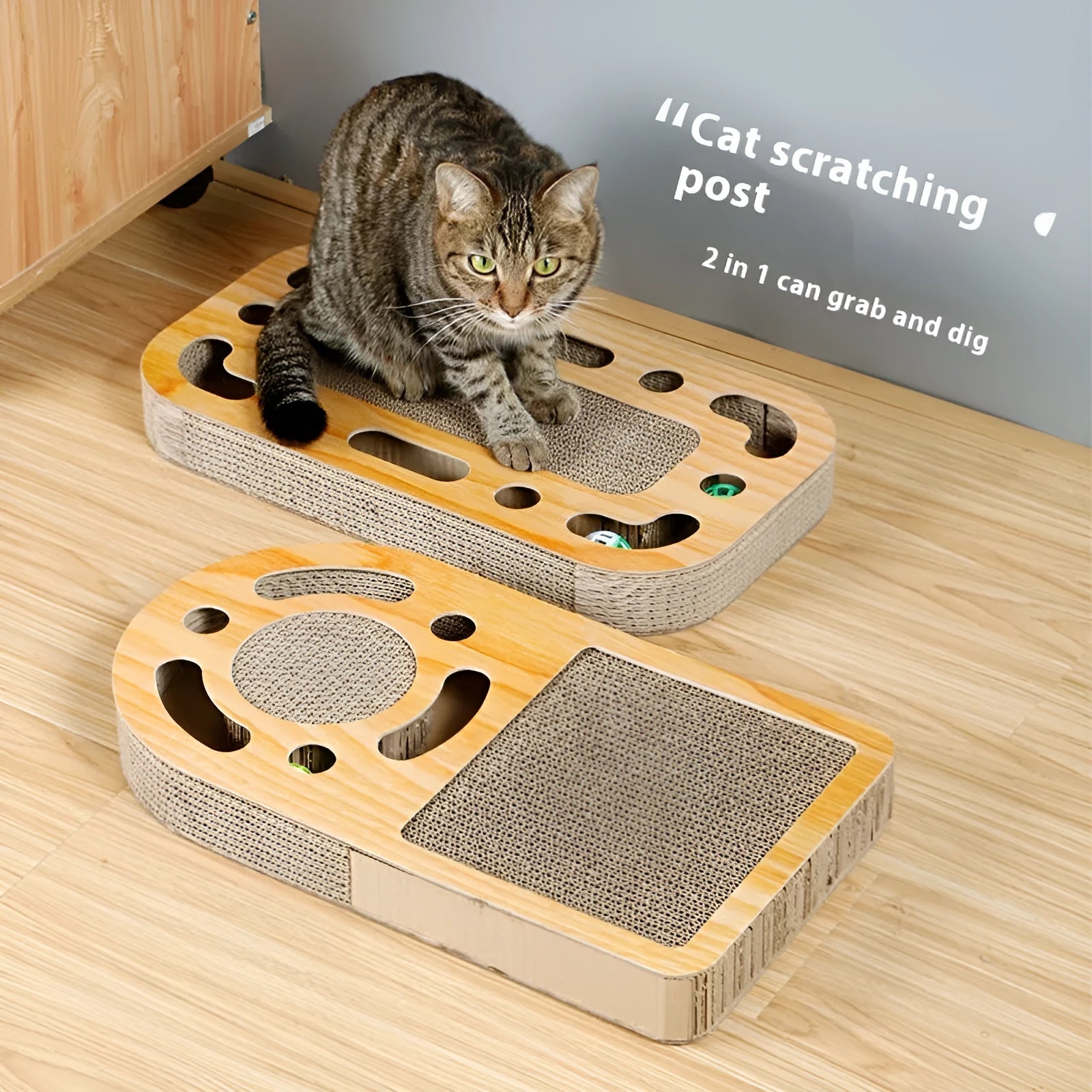 Round cat scratch board made of corrugated paper with a small ball for claw grinding and play