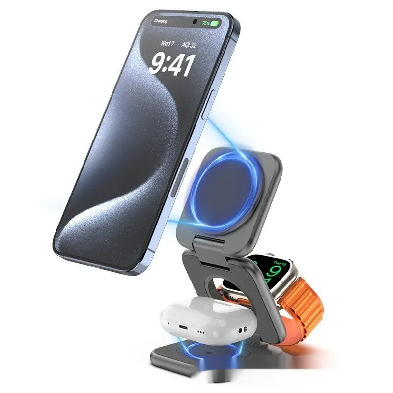 Foldable magnetic wireless charger phone holder in black with QC3.0 fast charging 15W output