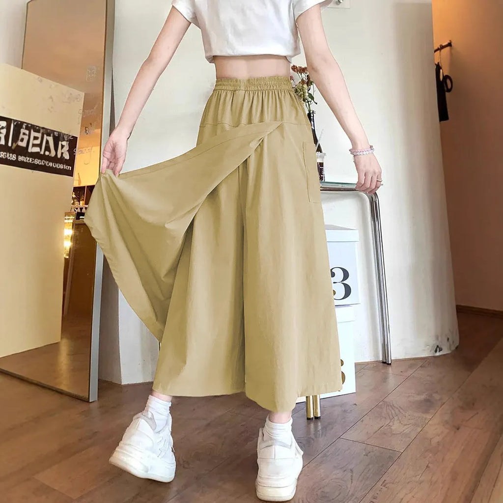 Women's casual wide leg skirt in camel with elastic waist and quilting detail, cropped length